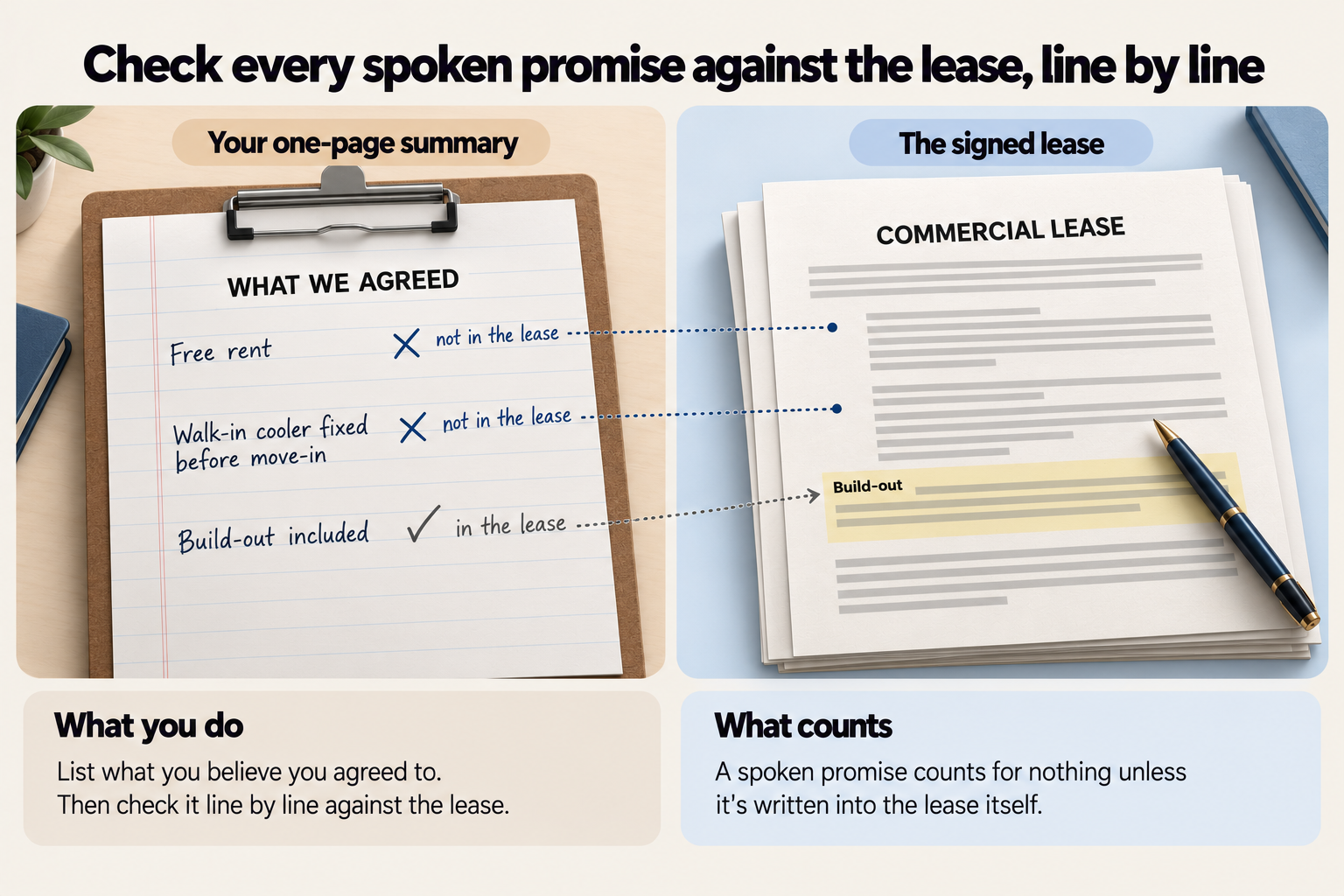 Check every spoken promise against the lease, line by line: a one-page summary lists free rent and the walk-in cooler fixed before move-in, neither of them in the signed lease, and the build-out, which is. A spoken promise counts for nothing unless it is written into the lease itself