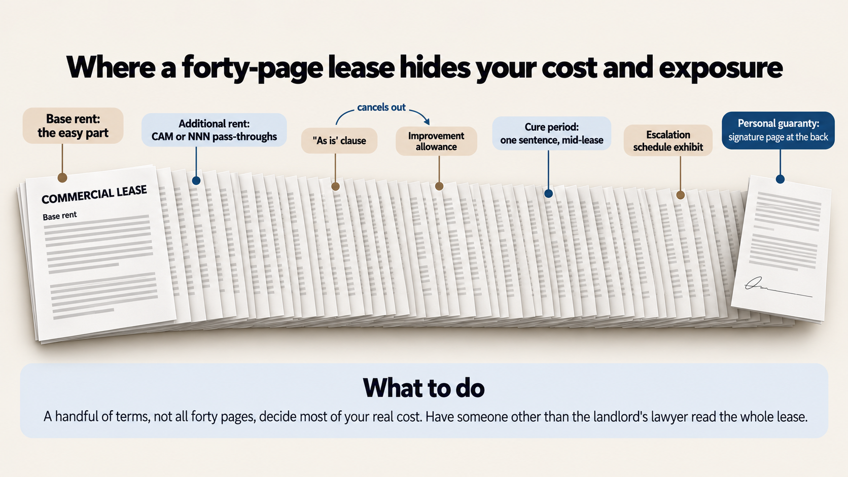 Where a forty-page lease hides your cost and exposure: base rent up front is the easy part, then additional rent for CAM or NNN pass-throughs, an "as is" clause that cancels out an improvement allowance, a one-sentence cure period mid-lease, an escalation schedule exhibit, and a personal guaranty on a signature page at the back
